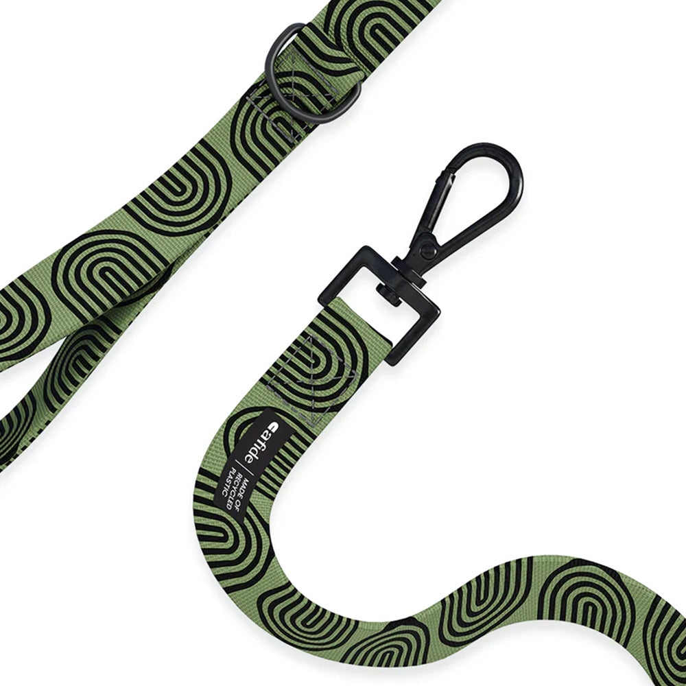 Der drehbare Karabiner in matt-schwarz und der D-Ring zum Befestigen von weiterem Hundezubehör.