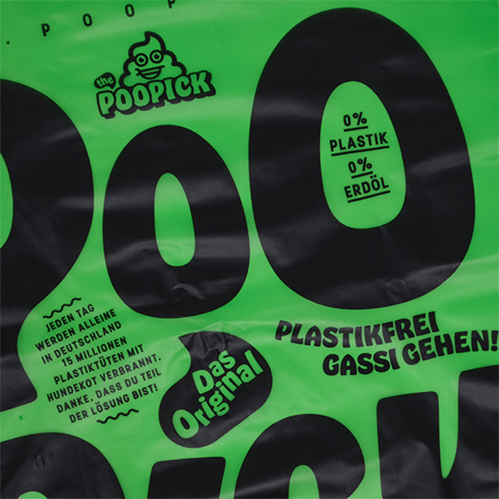Detailaufnahme eines PooPick Hundekotbeutels, aus biologisch abbaubaren Materialien ohne Plastik und Erdöl.