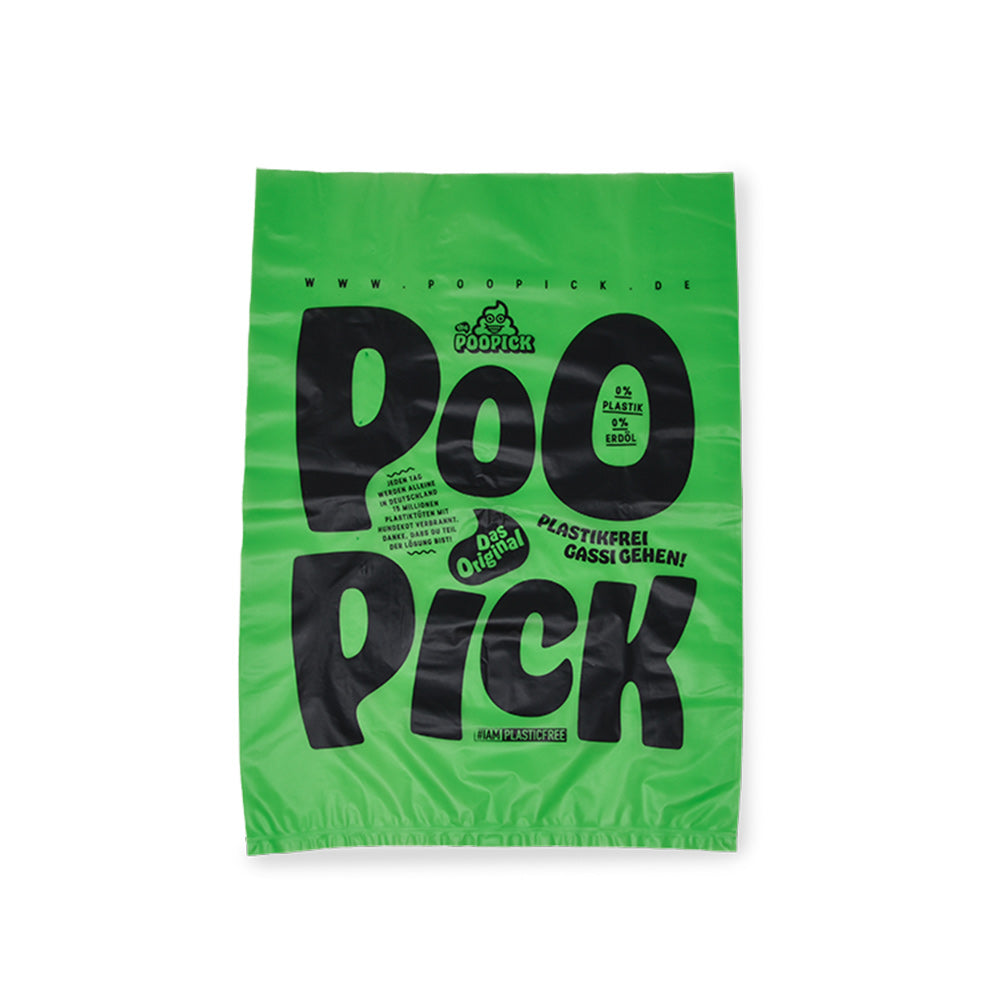 PooPick plastikfreie Hundekotbeutel auf weißem Hintergrund, 100% plastik- und erdölfrei.