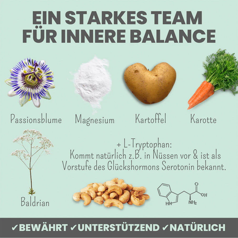 Natürliche Inhaltsstoffe der Wohlfühlsnacks wie Baldrian, Passionsblume und L-Tryptophan
