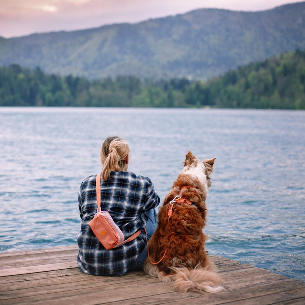 Hundebesitzerin trägt die Alpha 360 Hip Pack in Lachsrosa während eines Spaziergangs in der Natur, mit Platz für Leckerlis und Kotbeutel.