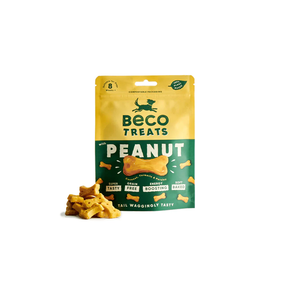 Die getreidefreien Leckerlis für Hunde von Beco - Beco Treats, 70g mit Erdnuss auf weißem Hintergrund.