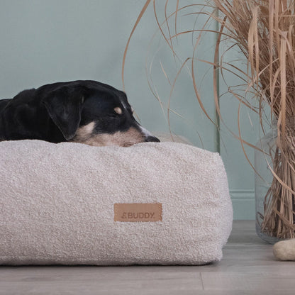 Hund liegt mit Kopf auf dem LeFluff Hundebett in Beige – gemütliches Wohnambiente