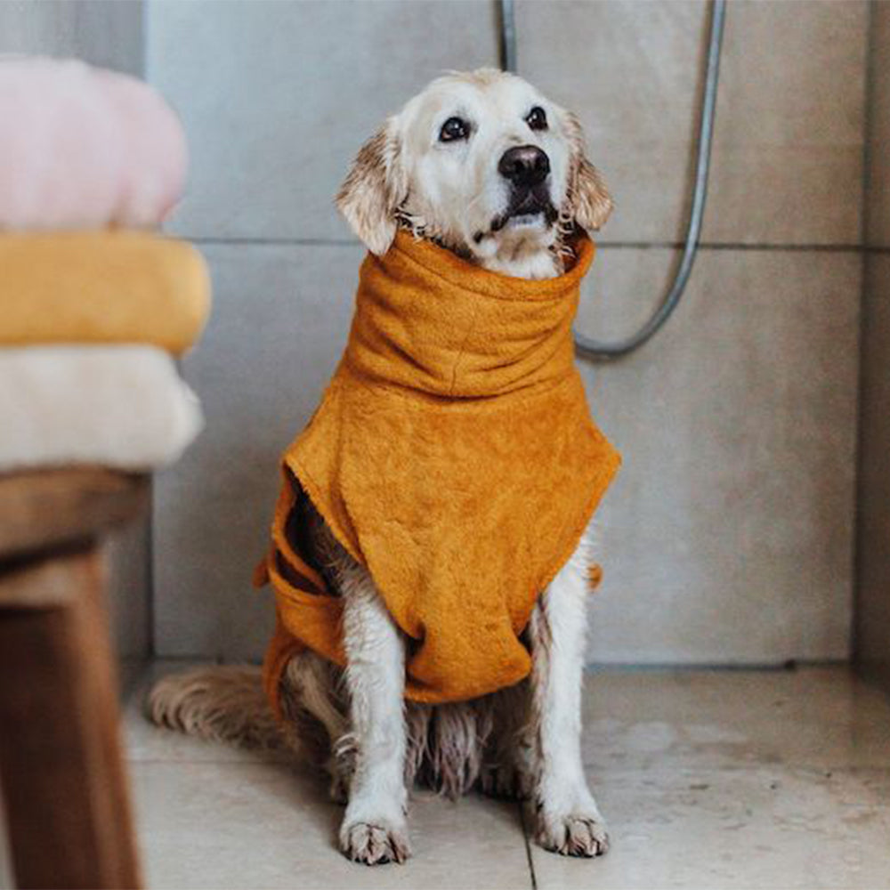 Hund trägt den Lill’s Hundebademantel Amber im Badezimmer mit Fliesen