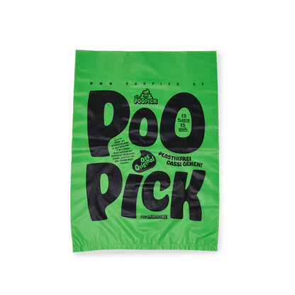 PooPick plastikfreie Hundekotbeutel auf weißem Hintergrund, 100% plastik- und erdölfrei.
