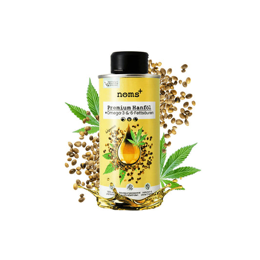 Premium Hanföl von Noms+ in 250ml Flasche auf weißem Hintergrund