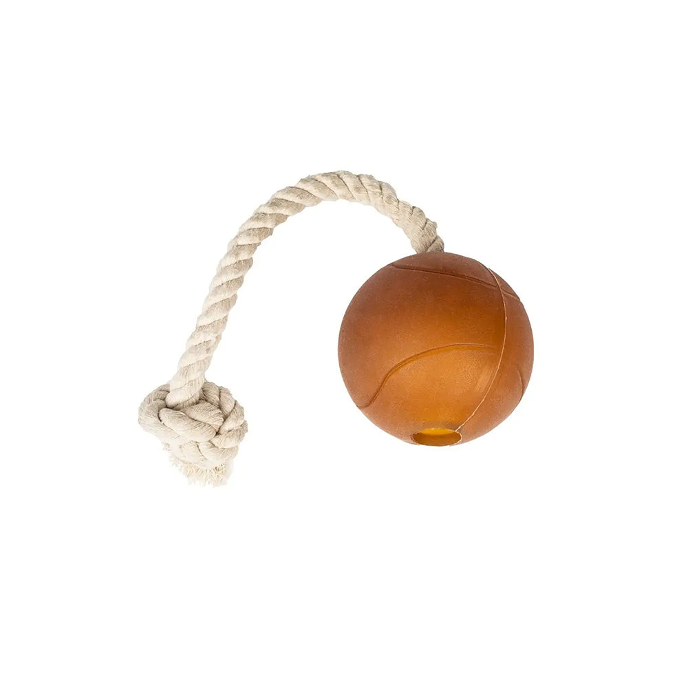 Retorn Ball & Rope Hundespielzeug aus Bio-Harz und Baumwollseil – zusätzliche Ansicht auf weißem Hintergrund, nachhaltiges Design in klarer Form