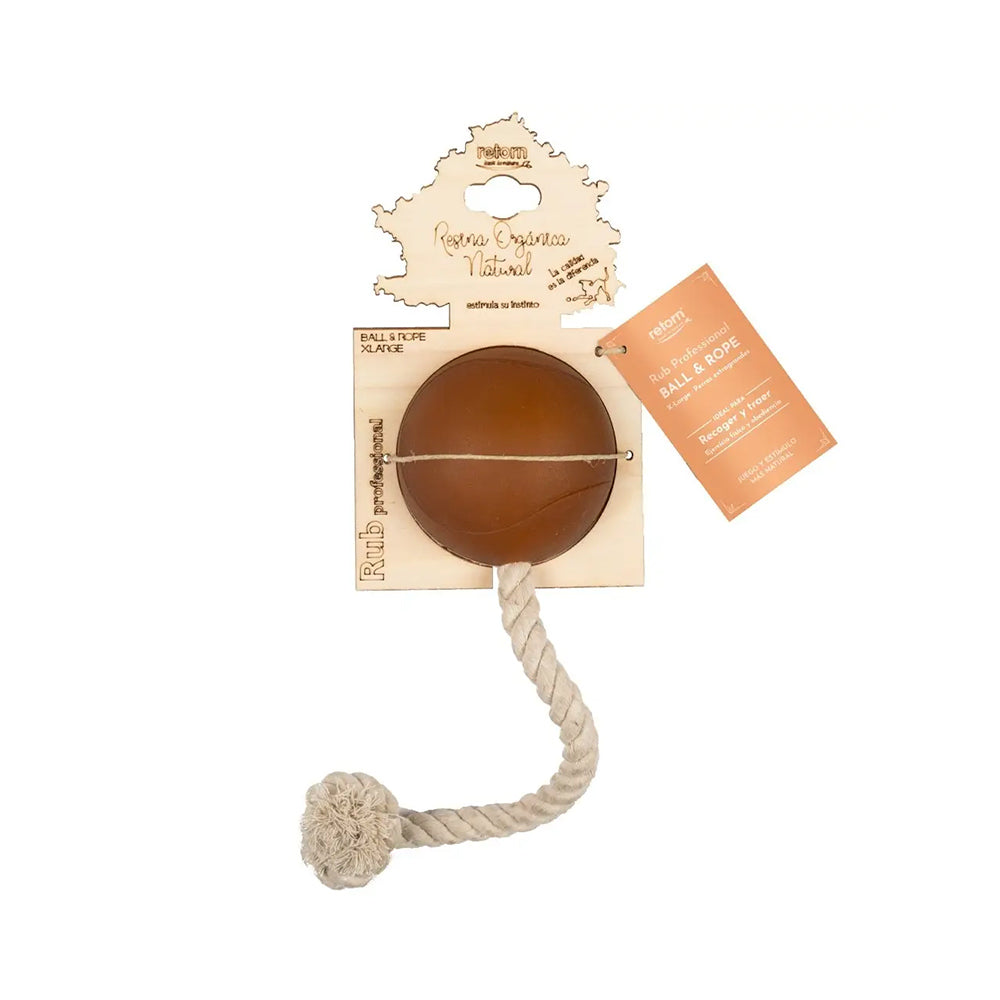 Retorn Ball & Rope Hundespielzeug aus Bio-Harz mit Baumwollseil auf weißem Hintergrund – vielseitig, natürlich und interaktiv
