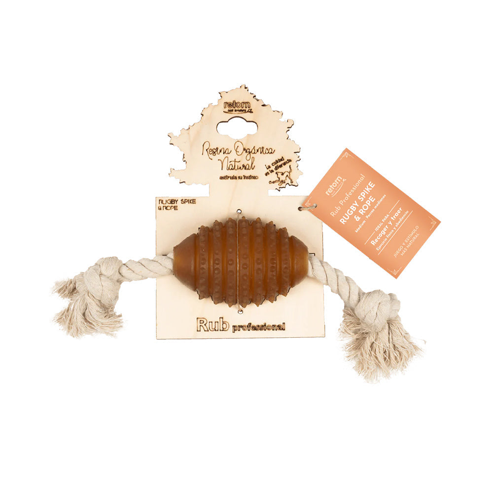 Retorn Rugby Spike & Rope Hundespielzeug aus Bio-Harz und Baumwollseil auf weißem Hintergrund – nachhaltig und spielanregend