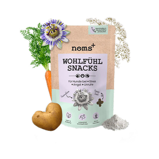 Wohlfühlsnacks für Hunde von Noms+ auf weißem Hintergrund